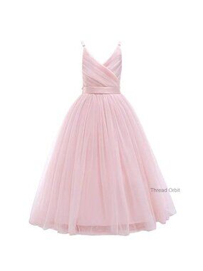 Flower Girl Tulle Long A-Line Dress Spaghetti Strap Wedding Pageant Ball Gown